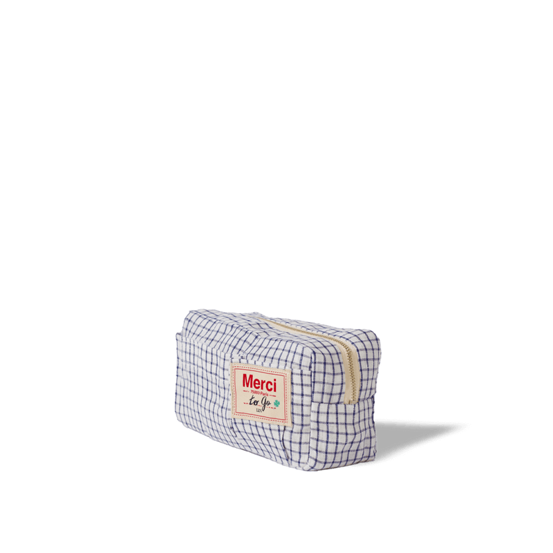 Merci - Trousse en lin lavé - Carreaux Bleu Shibori