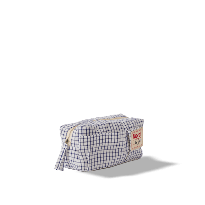 Merci - Trousse en lin lavé - Carreaux Bleu Shibori