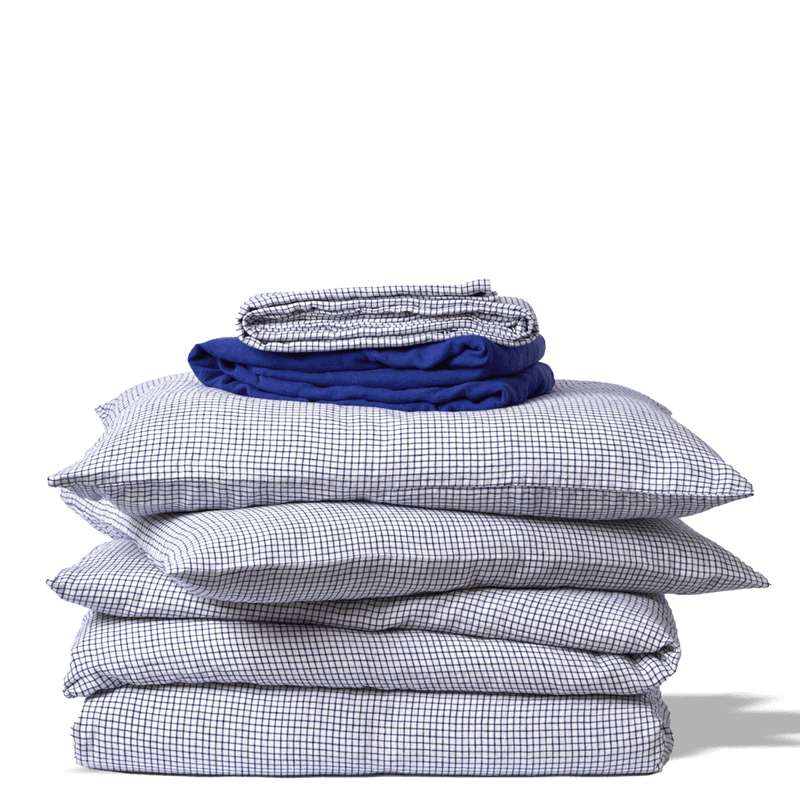 Drap plat en lin lavé - Carreaux Bleu Shibori