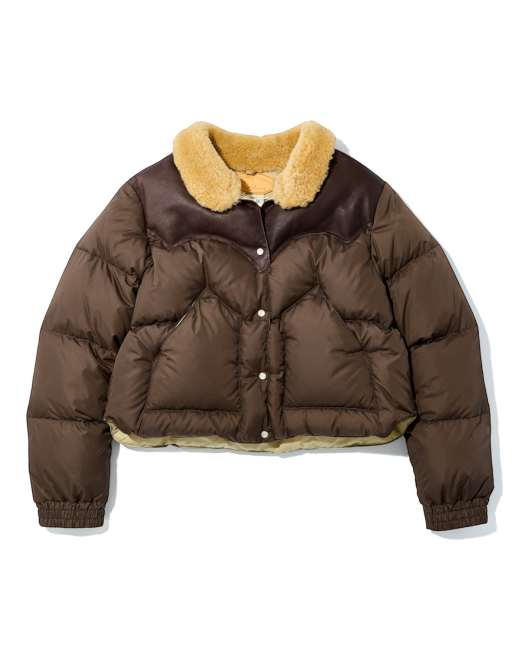 Doudoune courte Merci Paris Rocky Mountain marron avec empiècement en cuir et col en peau lainée naturelle