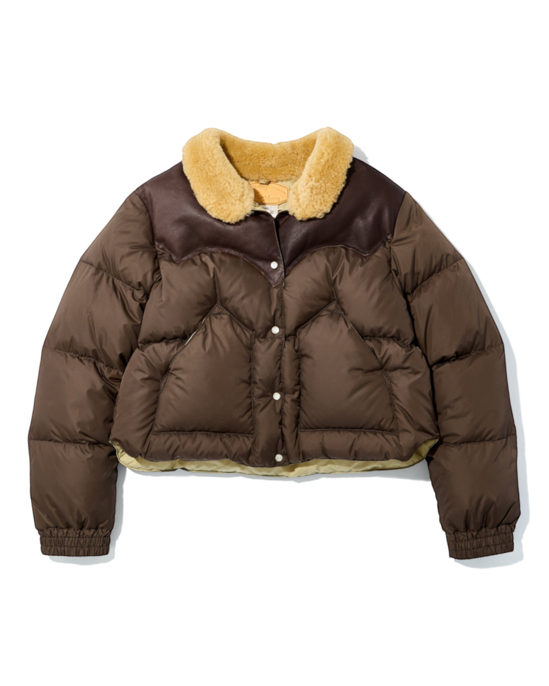 Doudoune courte Merci Paris Rocky Mountain marron avec empiècement en cuir et col en peau lainée naturelle