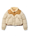 Doudoune courte Merci Paris Rocky Mountain beige avec empiècement en cuir marron et col en peau lainée naturelle
