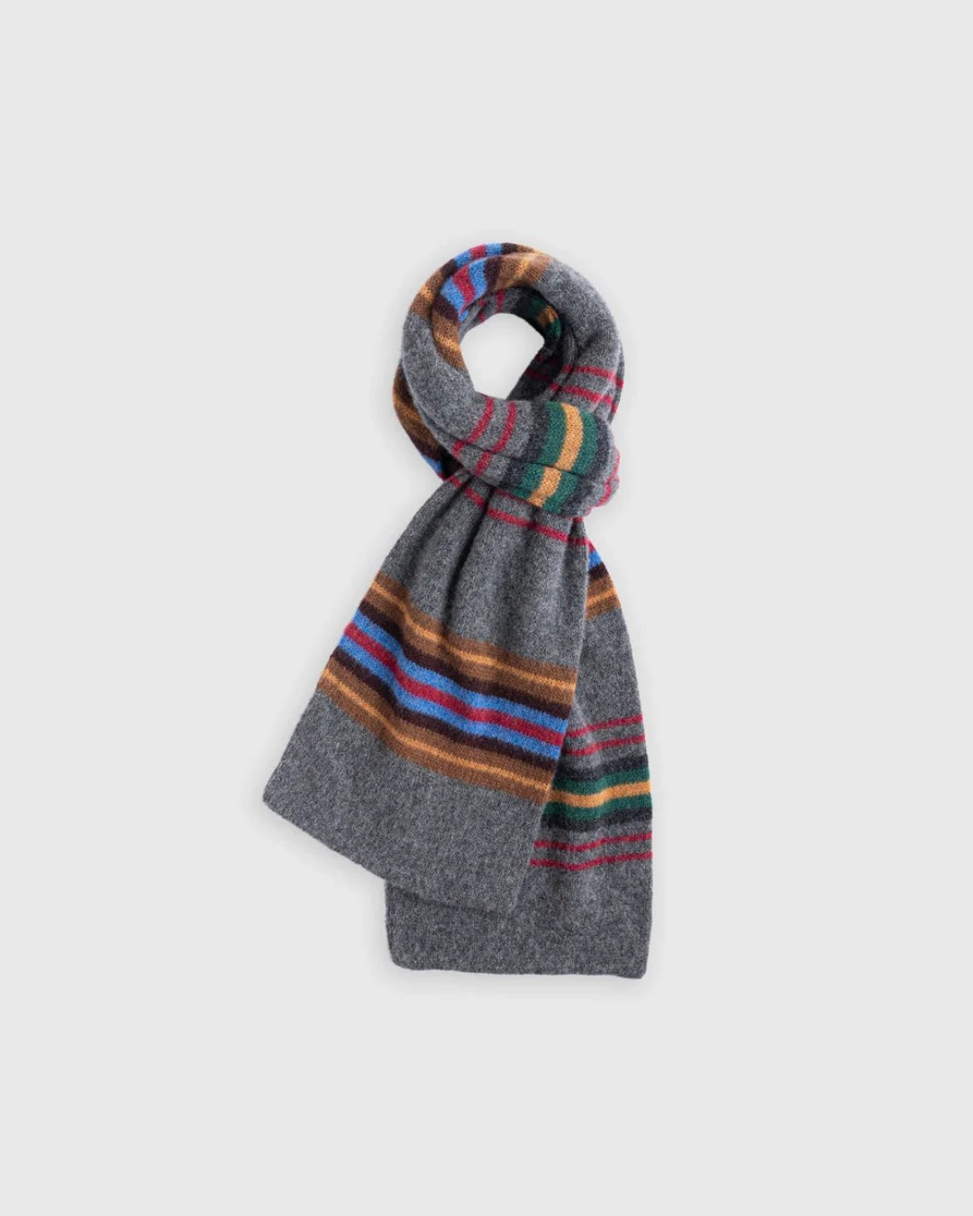 Écharpe Merci Paris Howlin' en laine d'agneau grise avec rayures multicolores, fabriquée en Écosse
