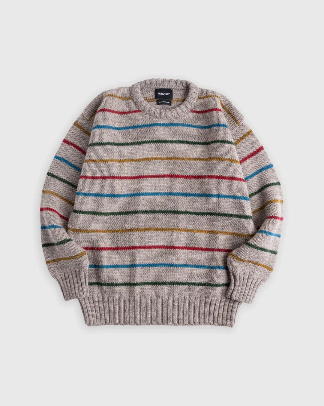Pull Merci Paris Howlin' Six Blade en laine et mohair gris avec rayures multicolores et coupe oversize