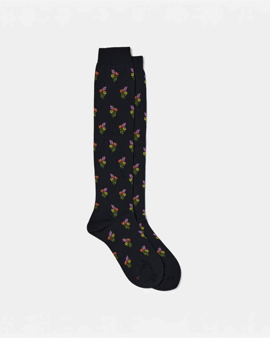 Chaussettes hautes Merci Paris Babaco en laine noire avec motif floral de petits bouquets colorés