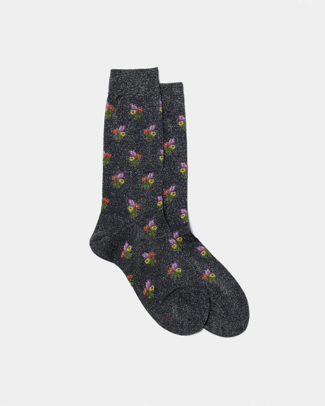 Chaussettes Merci Paris Babaco noires en maille lurex avec motif de petits bouquets de fleurs colorées