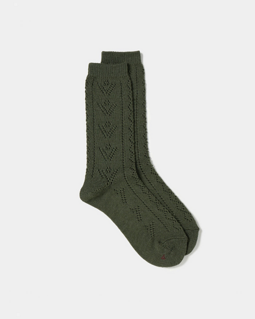 Socks Merci Paris Babaco in olive green wool mesh with delicate eyelet pattern, made in Japan