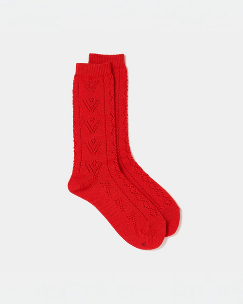  Merci Paris Babaco socks in red wool knit with delicate eyelet pattern, made in Japan.