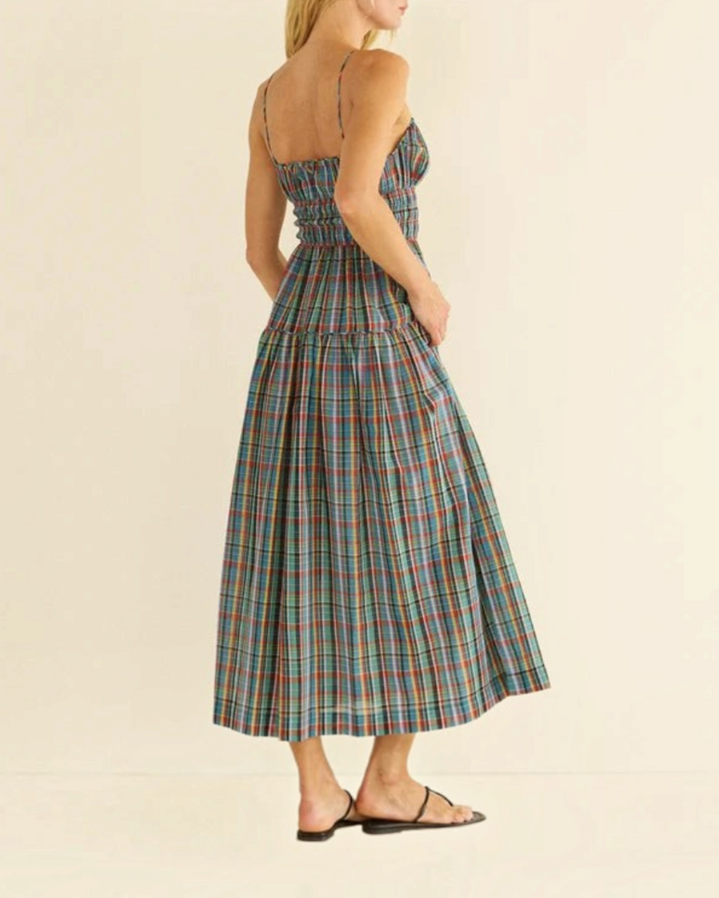 Robe midi Merci Paris Dôen Brielle en coton biologique bleu à carreaux avec bretelles fines et jupe fluide
