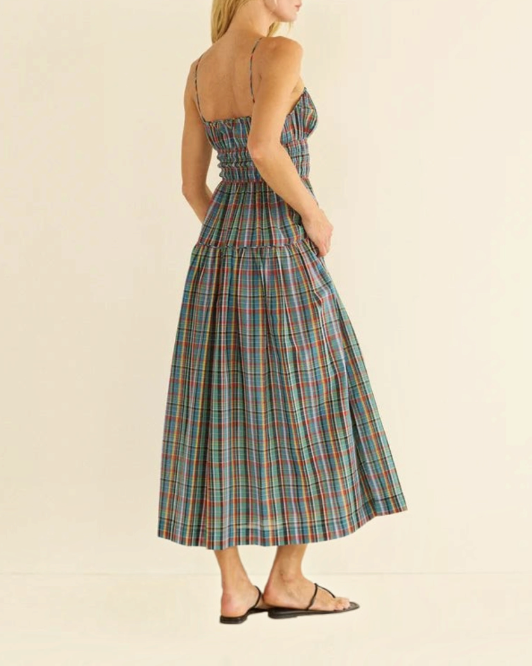 Robe midi Merci Paris Dôen Brielle en coton biologique bleu à carreaux avec bretelles fines et jupe fluide