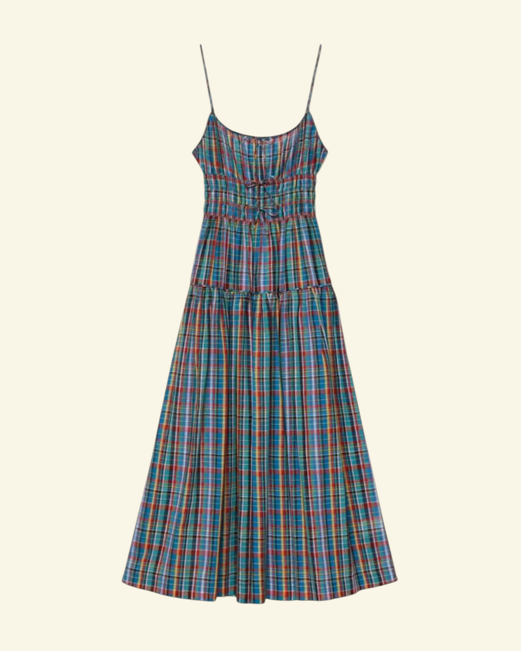 Robe midi Merci Paris Dôen Brielle en coton biologique bleu à carreaux avec bretelles fines et buste élastiqué