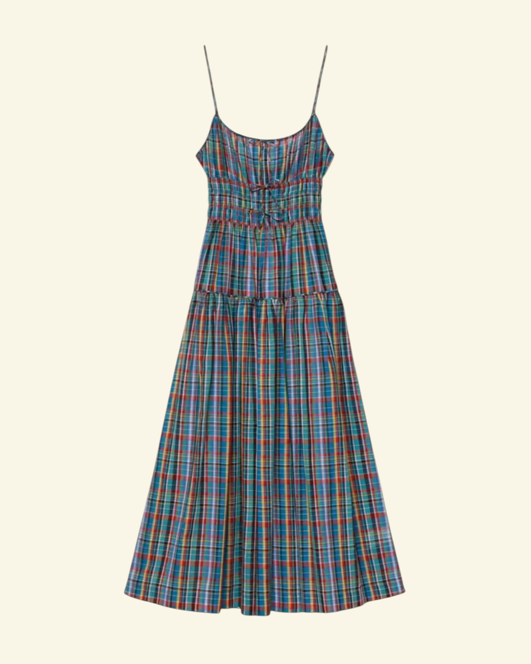 Robe midi Merci Paris Dôen Brielle en coton biologique bleu à carreaux avec bretelles fines et buste élastiqué