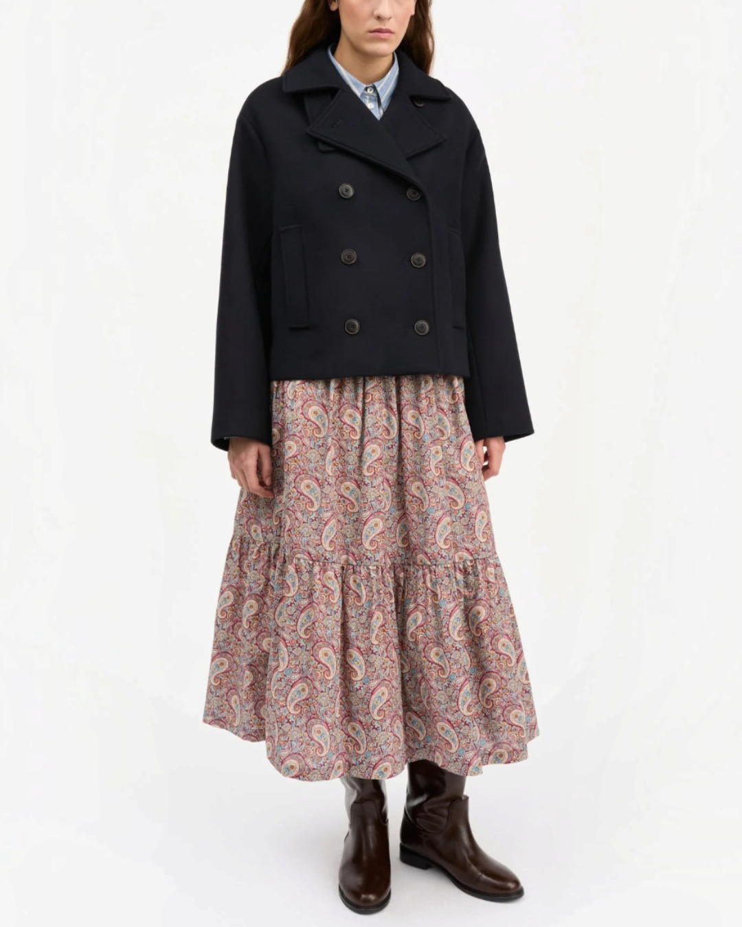 Short navy jacket in recycled wool Skall Studio for Merci Paris, double-breasted cut with stand-up collar and buttons