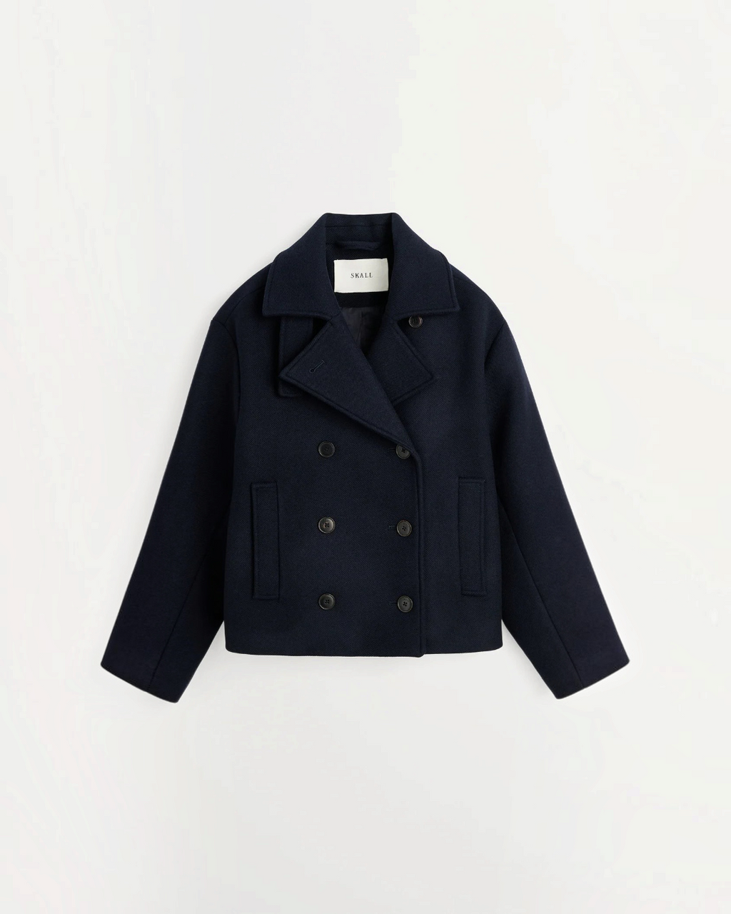 Short jacket Merci Paris Skall Studio Brooke bleu navy jacket in recycled wool with double breasted and lapel collar