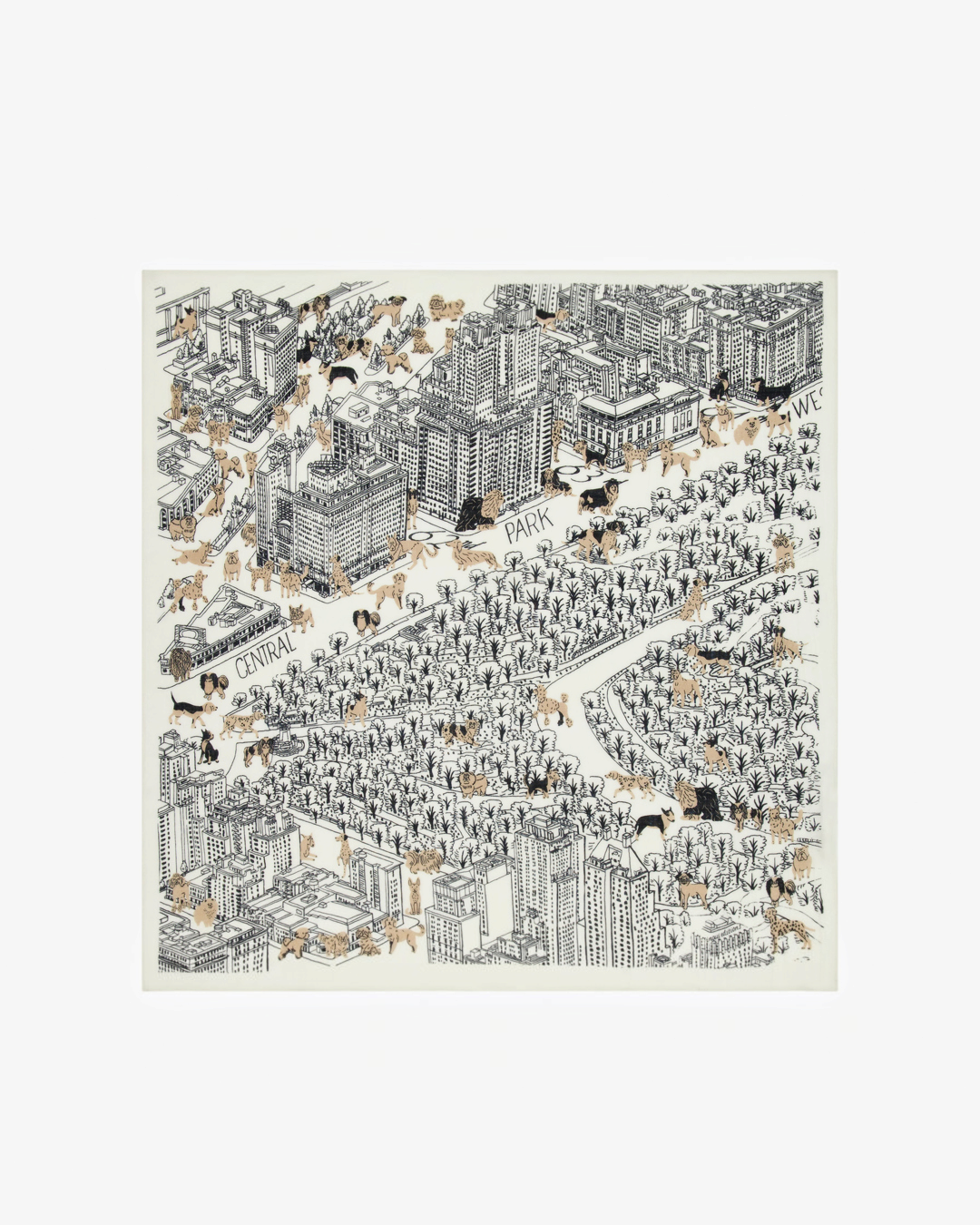 Carré en laine Merci Paris Inoui Editions blanc avec illustration détaillée de Central Park et chiens