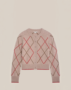 Gilet Auguste Moismont en laine mérinos beige à motif losanges argyle rouge et marron, fermeture boutonnée Merci Paris