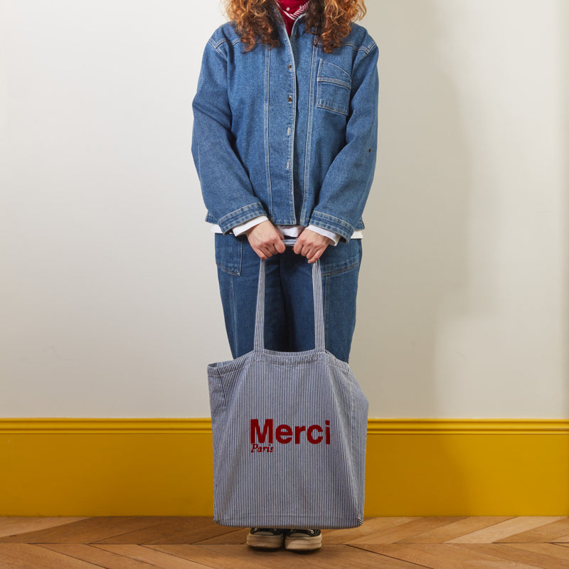 Merci - Tote Bag en Coton Hickory - Bleu rayé