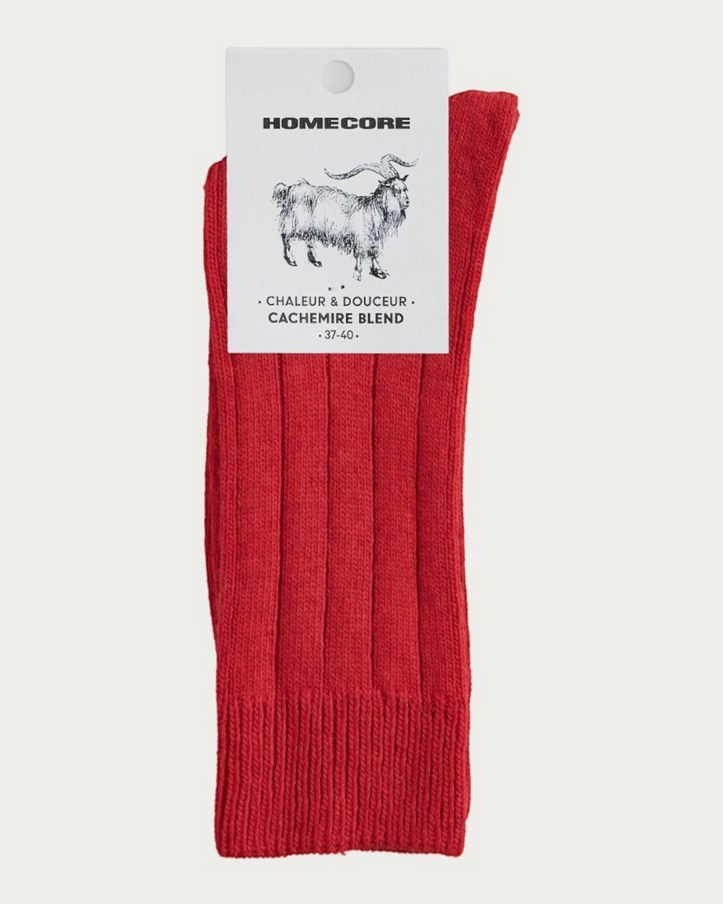 Chaussettes en cachemire rouge Firered de la marque Merci Paris avec étiquette Homecore
