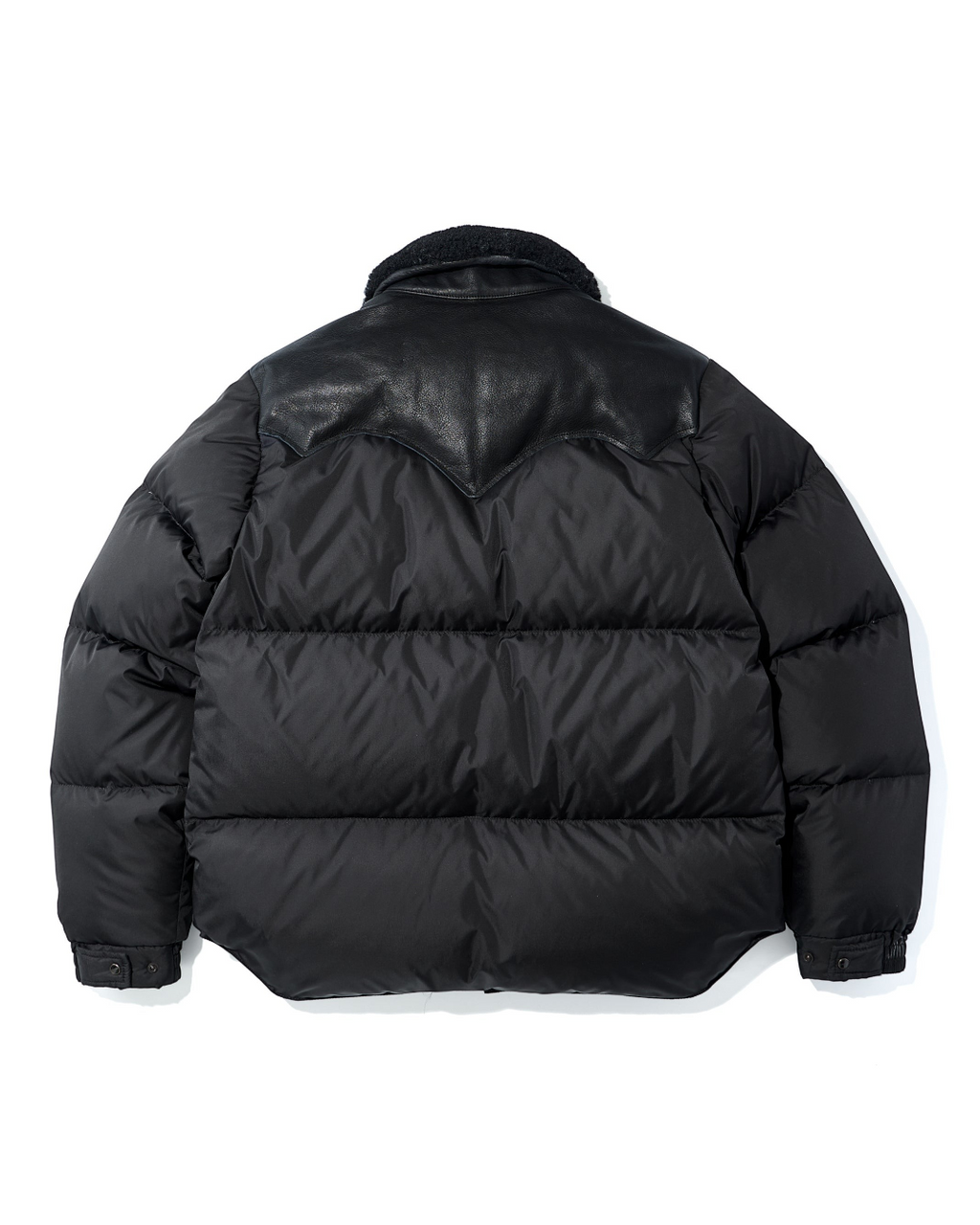 Vue arrière de la veste Merci Paris Rocky Mountain Christy noire en nylon avec empiècement en cuir et col en laine