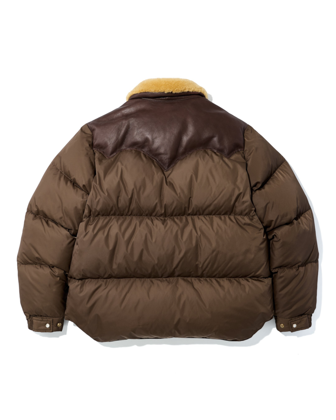Vue arrière de la veste Merci Paris Rocky Mountain Christy marron foncé avec empiècement en cuir et col en peau lainée