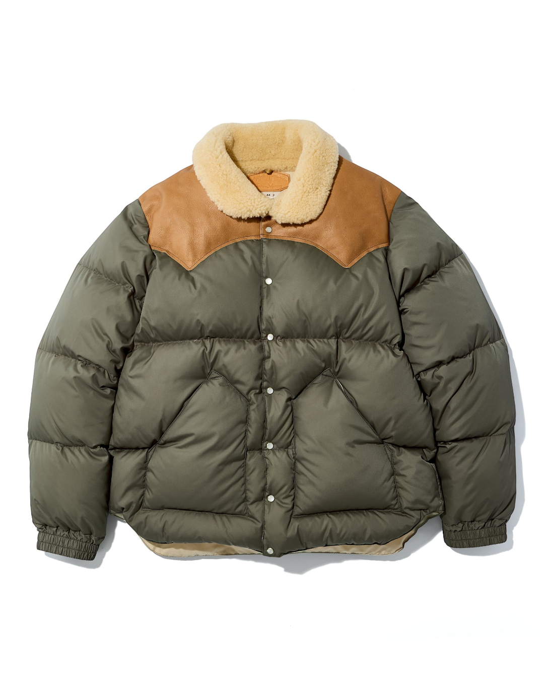 Doudoune Merci Paris Rocky Mountain Christy olive avec empiècement en cuir marron et col en peau lainée naturelle