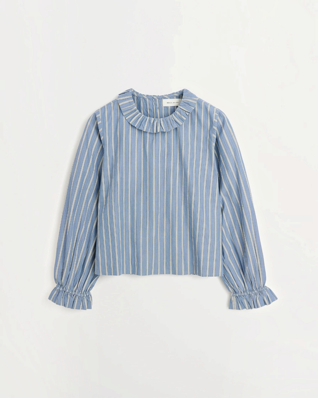 Blouse Merci Paris Skall Studio organic cotton bleu striped with ruffled collar and cuffs