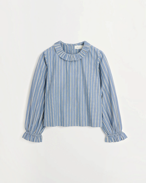 Blouse Merci Paris Skall Studio en coton biologique bleu à rayures avec col et poignets à volants