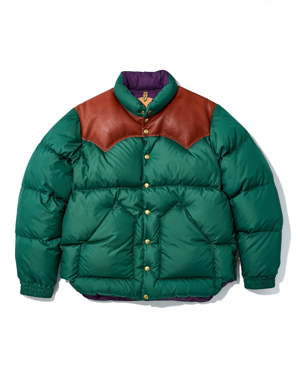 Doudoune Merci Paris Rocky Mountain Featherbed verte avec empiècement en cuir marron et boutons pression dorés