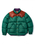Doudoune Merci Paris Rocky Mountain Featherbed verte avec empiècement en cuir marron et boutons pression dorés
