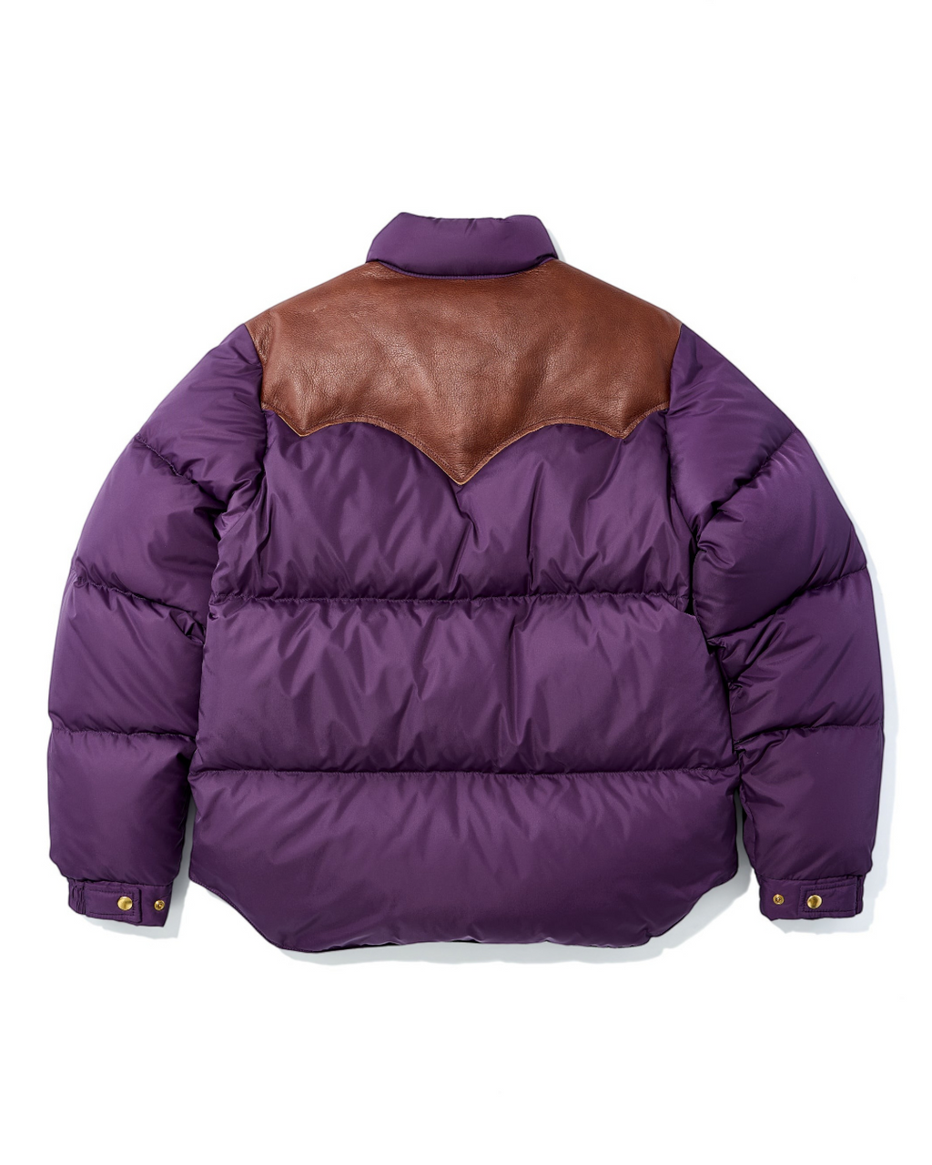 Doudoune Merci Paris Rocky Mountain violette avec empiècement en cuir marron au dos, style vintage inspiré outdoor.