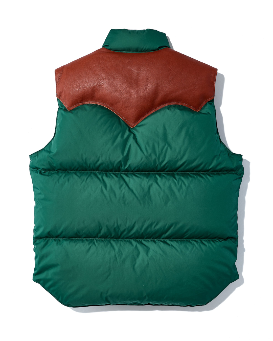 Gilet sans manches Merci Paris Rocky Mountain en nylon vert matelassé avec empiècement en cuir marron au dos
