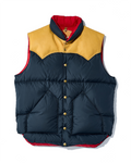 Gilet en duvet Merci Paris Rocky Mountain bleu marine et jaune avec empiècement en cuir et boutons pression dorés