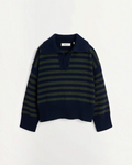 Pull Merci Paris Skall Studio Dean en laine mérinos à rayures bleu marine et vert avec col en V et coupe ample