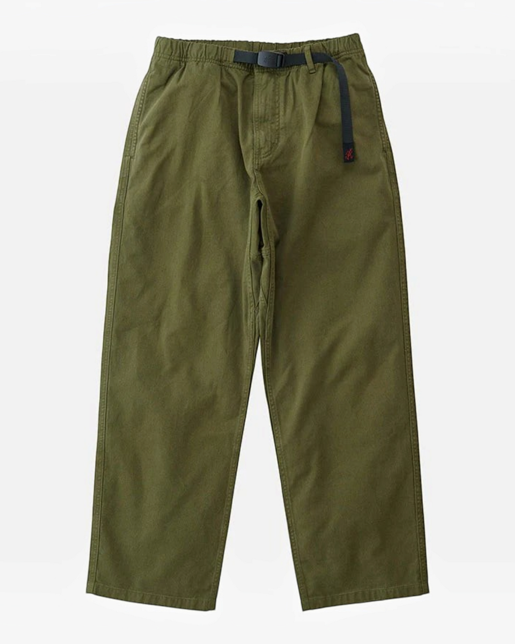 Pantalon droit Merci Paris Gramicci en sergé de coton olive avec ceinture intégrée ajustable et taille élastiquée