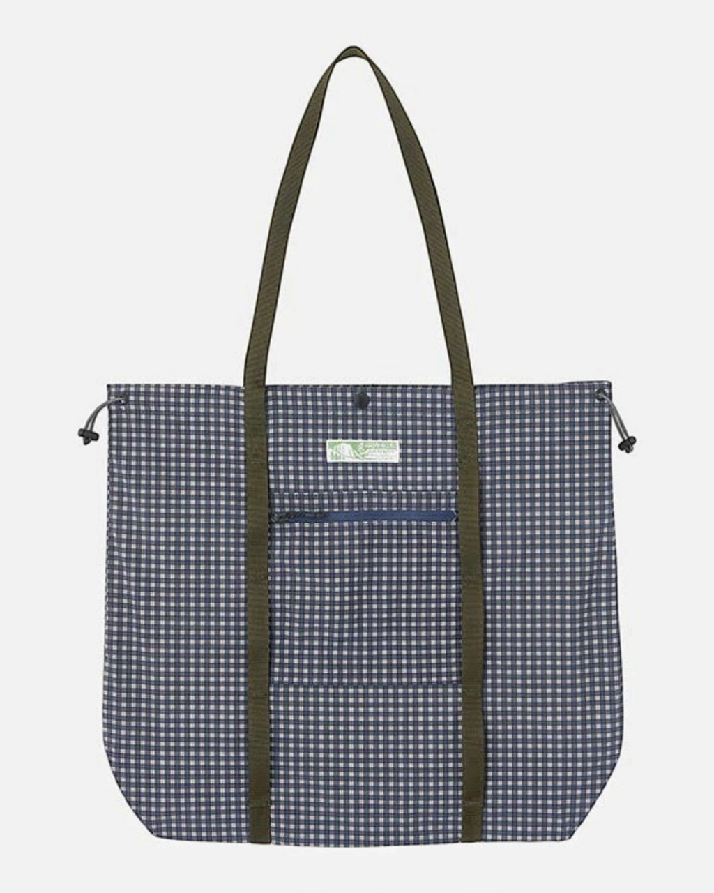 Sac cabas Merci Paris Gramicci en coton et nylon bleu à carreaux avec anses kaki et cordon de serrage ajustable