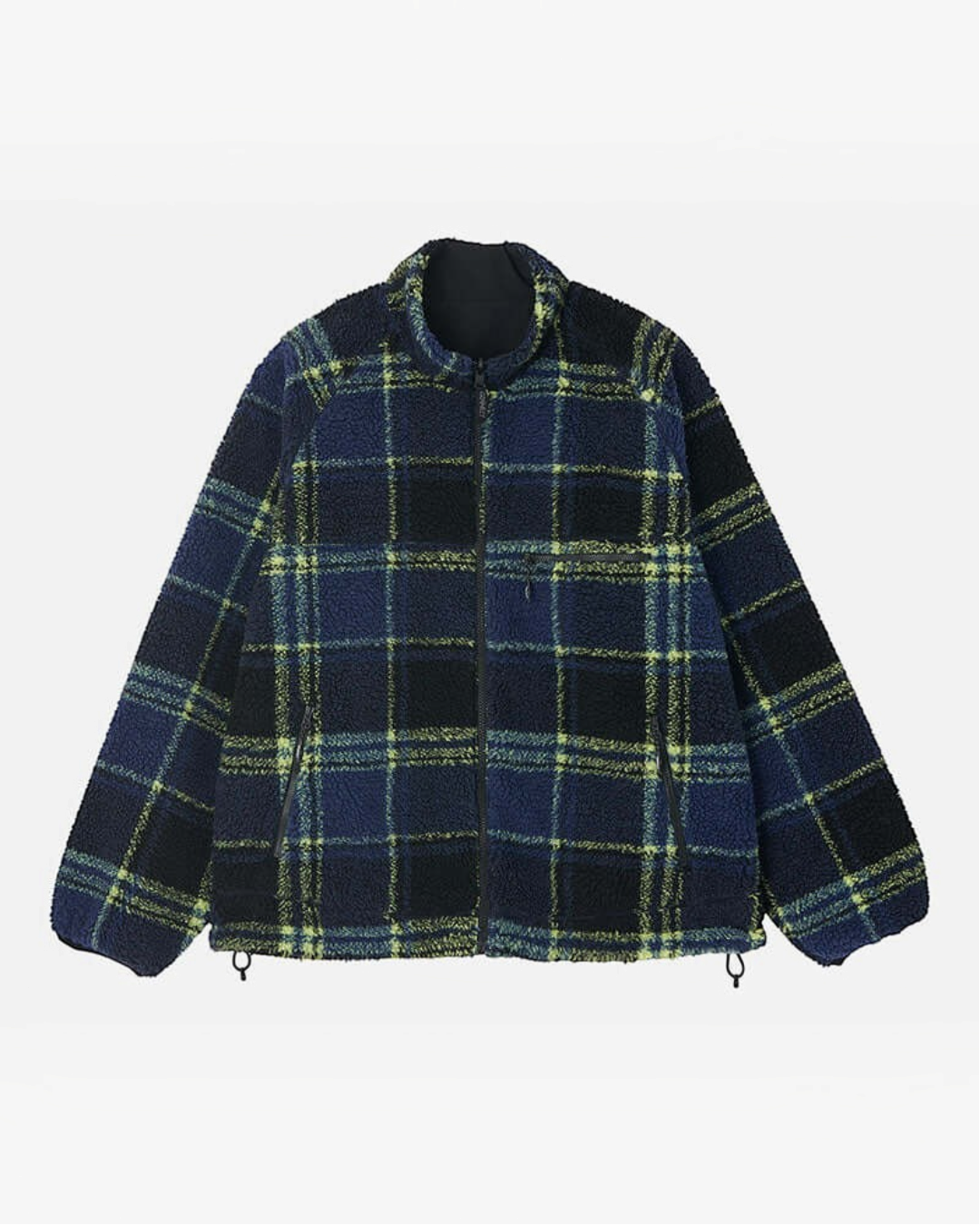 Veste réversible Gramicci pour Merci Paris en polaire sherpa à carreaux noirs et bleus avec fermeture zippée