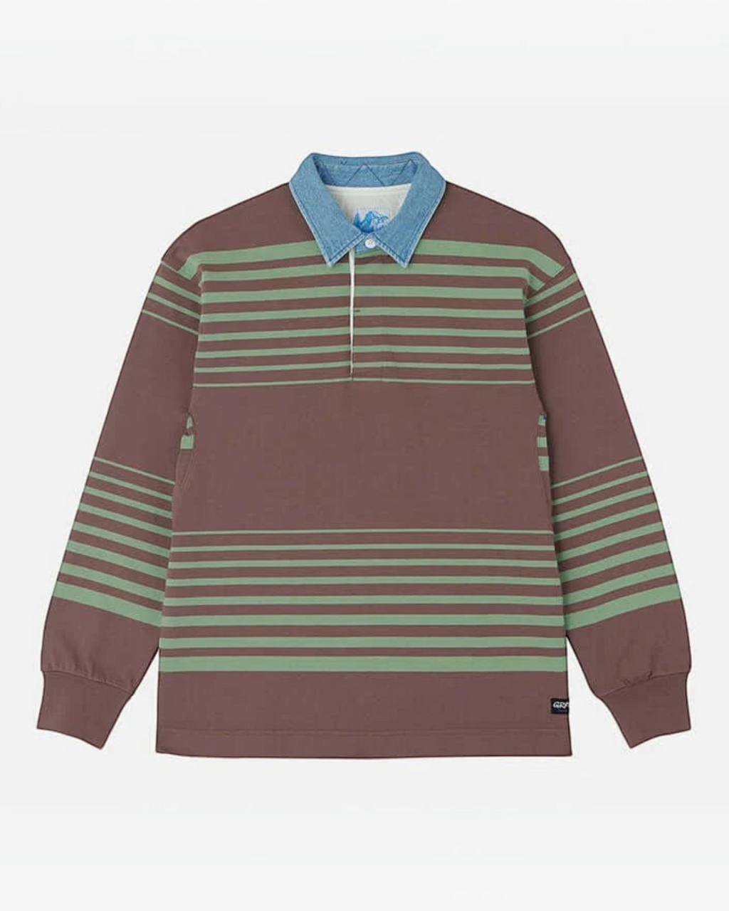 Maillot de rugby Gramicci par Merci Paris en coton épais marron et vert à rayures avec col bleu contrastant
