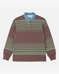 Maillot de rugby Gramicci par Merci Paris en coton épais marron et vert à rayures avec col bleu contrastant