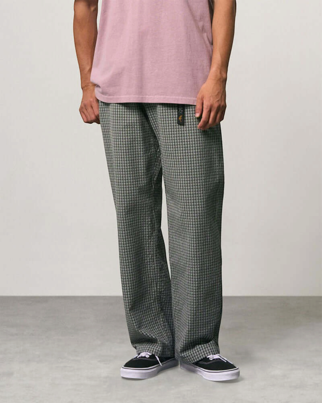Pantalon Merci Paris Gramicci Dobby à carreaux gris, coupe droite décontractée avec ceinture intégrée en coton