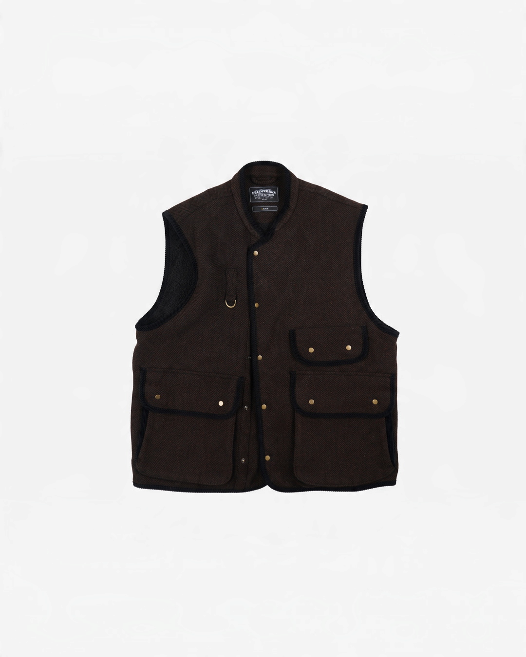 Gilet de chasse Merci Paris Frizmworks marron en laine à motif chevrons avec poches multiples et fermeture à boutons