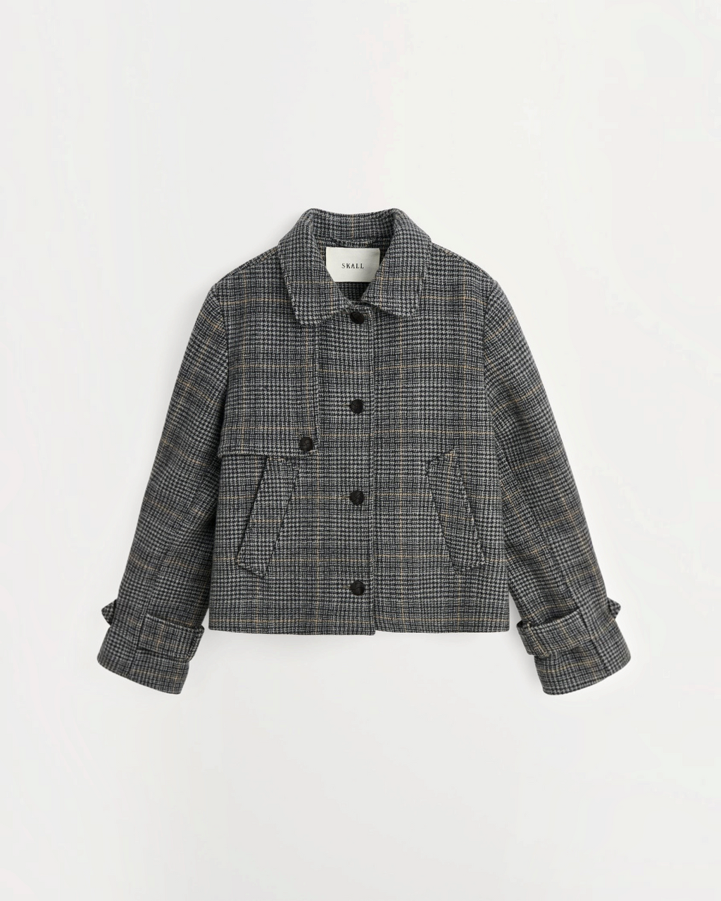 Veste courte Merci Paris Skall Studio Harriet en laine recyclée grise à motif carreaux, col classique et boutons
