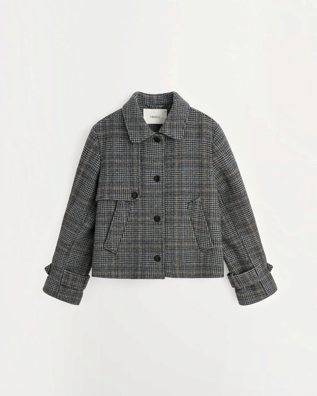 Veste courte Merci Paris Skall Studio Harriet en laine recyclée grise à motif carreaux, col classique et boutons