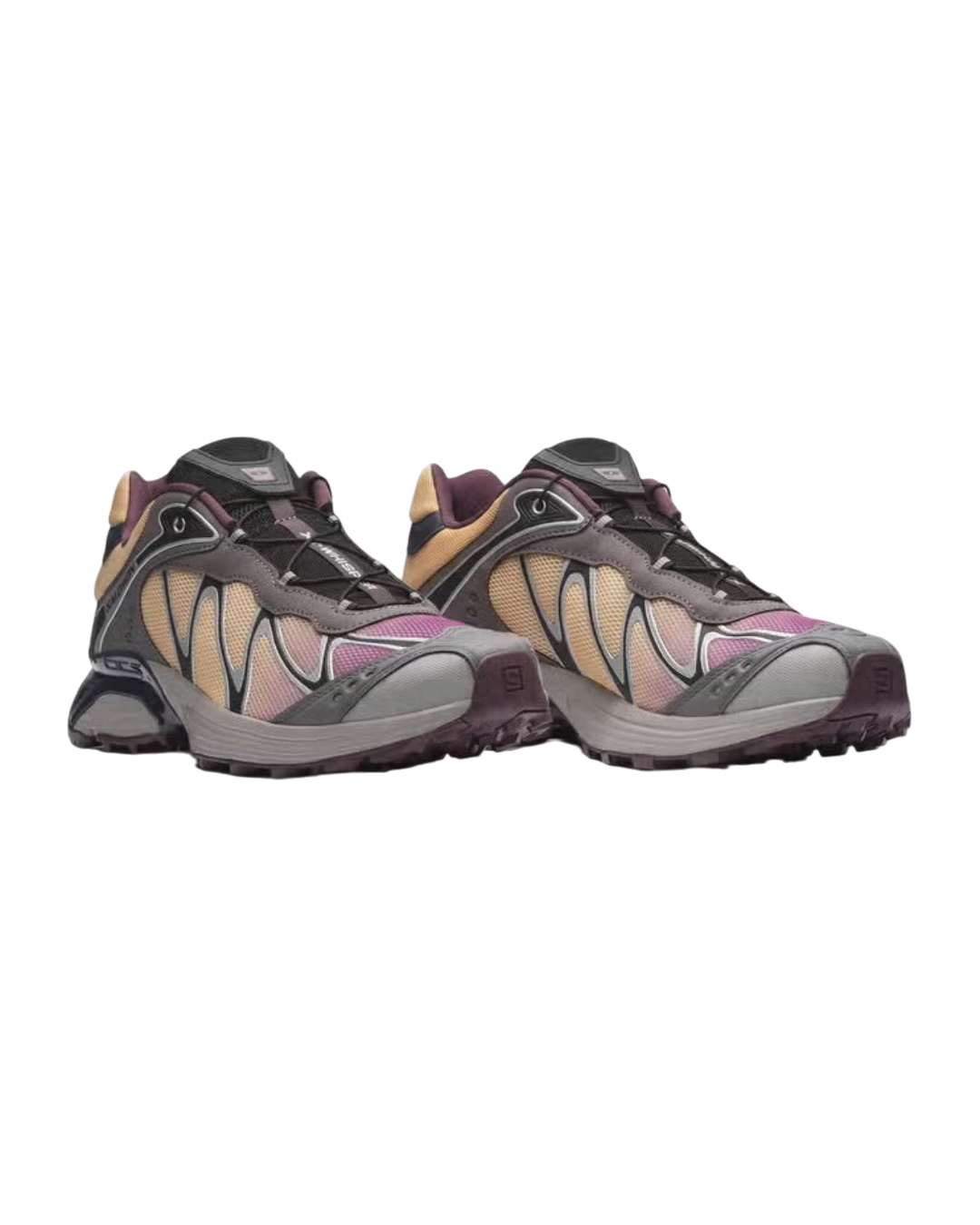 Baskets Salomon XT Whisper Merci Paris en gris foncé, violet et beige avec système de laçage rapide et design technique