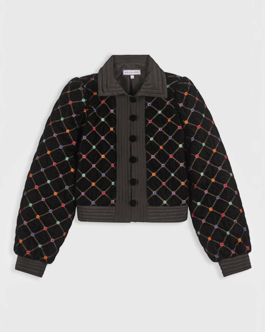Veste Jaipur Merci Paris noire matelassée avec motif à carreaux colorés et boutons contrastants