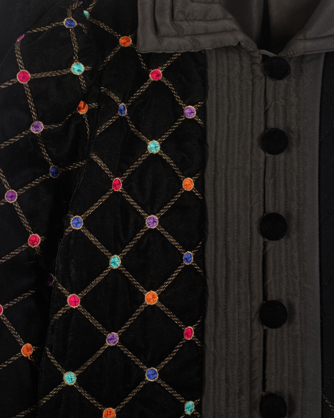 Veste Jaipur noire Merci Paris en velours avec motif losanges brodés et boutons recouverts