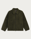 Veste polaire kaki Homecore Keafur avec col et finitions en moleskine, disponible chez Merci Paris