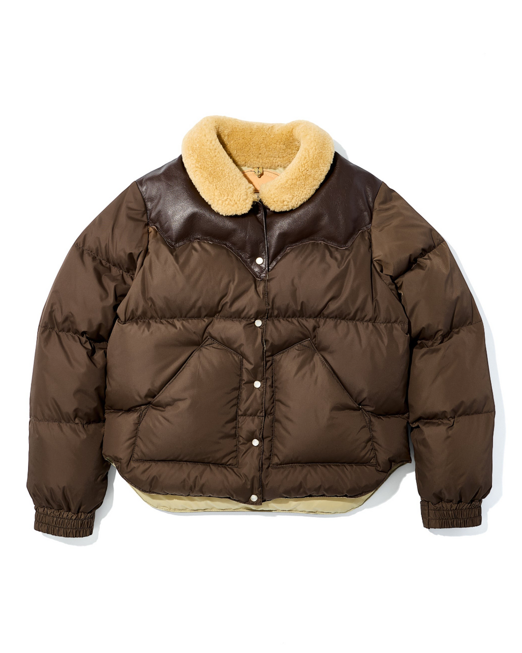 Doudoune Merci Paris Rocky Mountain Kourtney marron avec empiècement en cuir et col en peau lainée beige