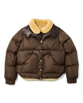 Doudoune Merci Paris Rocky Mountain Kourtney marron avec empiècement en cuir et col en peau lainée beige
