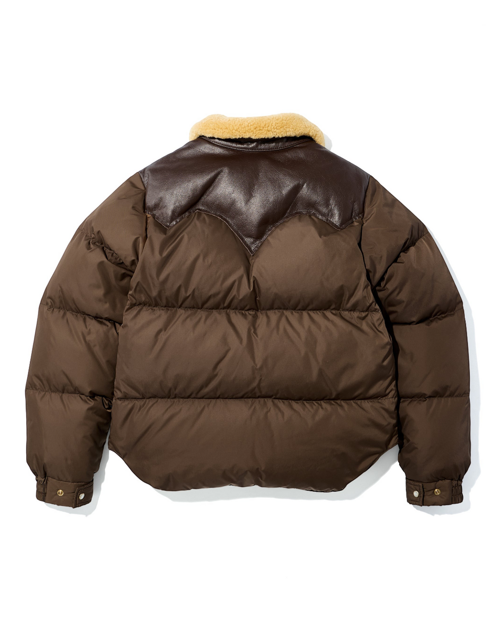 Doudoune Merci Paris Rocky Mountain marron avec empiècement en cuir et col en peau lainée, vue arrière