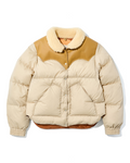 Doudoune Merci Paris Rocky Mountain Kourtney beige avec empiècement en cuir marron et col en peau lainée crème
